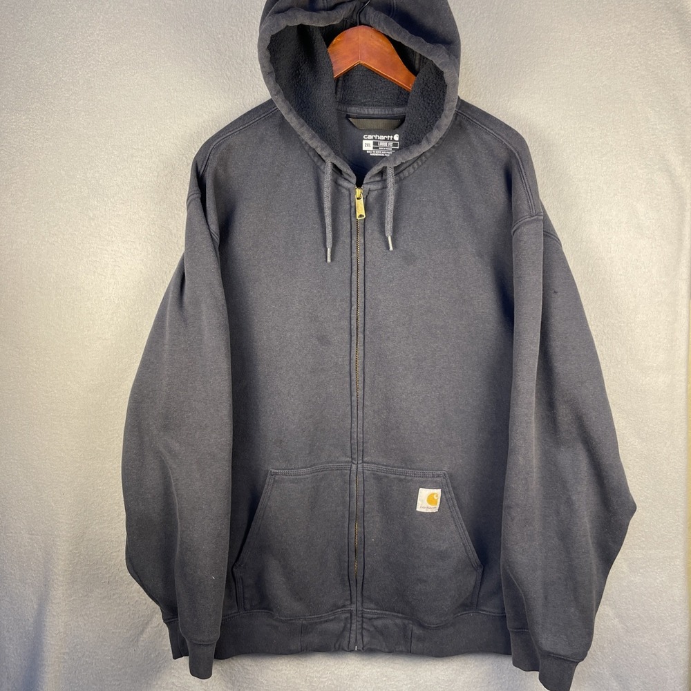 Carhartt Hoodie Mens 2XL Blue Full Zip K122 Pockets Workwear Outdoor
